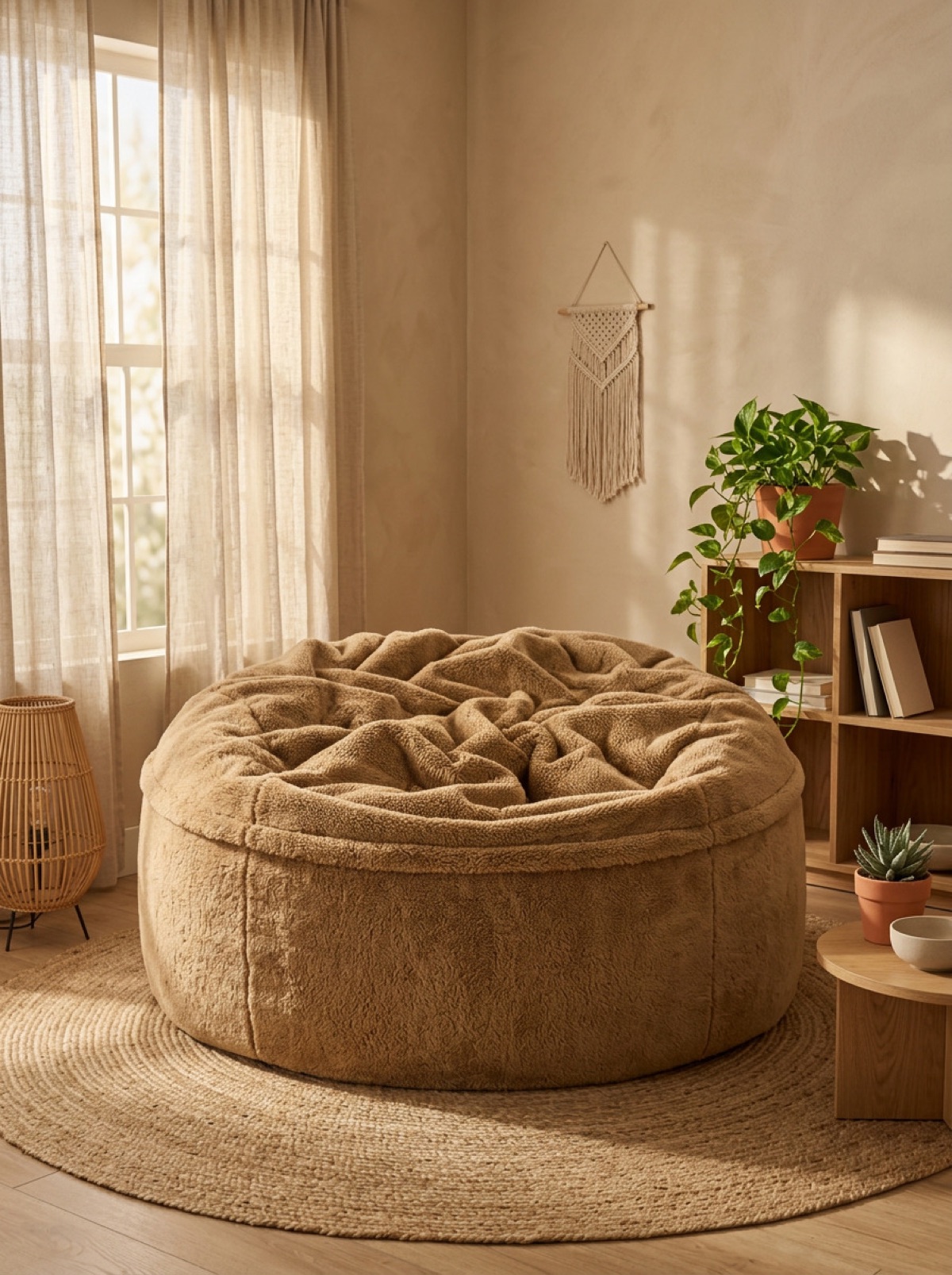 Puff Cosac color camel junto a una ventana, plantas y una estantería